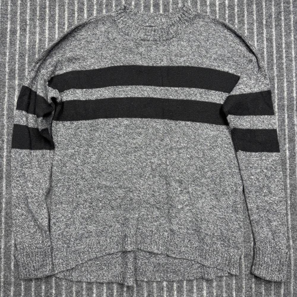 American Eagle Womens Striped Crewneck Sweater Small Grey Black Cotton Wool